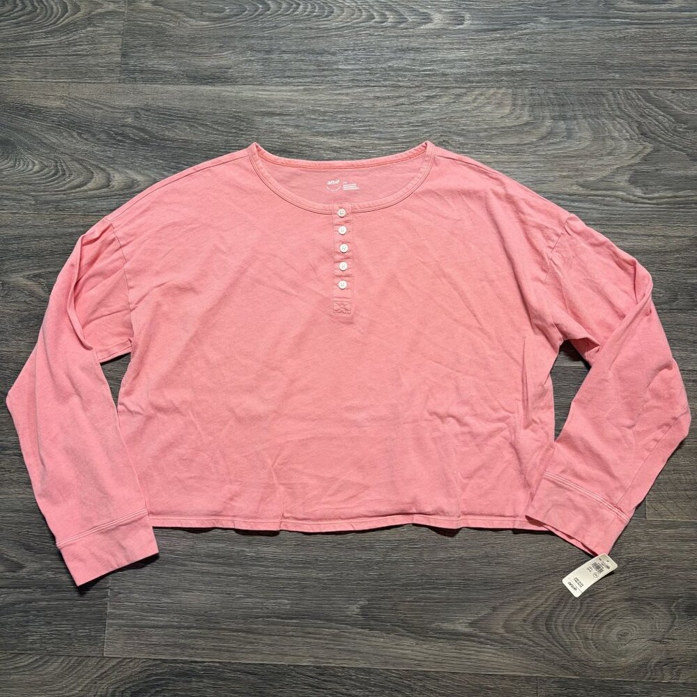 NEW Aerie Pink Long Sleeve Henley Shirt Large Cropped Button Front Soft Cotton